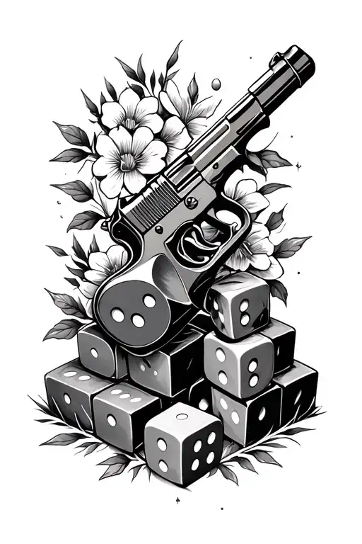 Gun Shooting Dice With Thorns And Flowers And Bricks