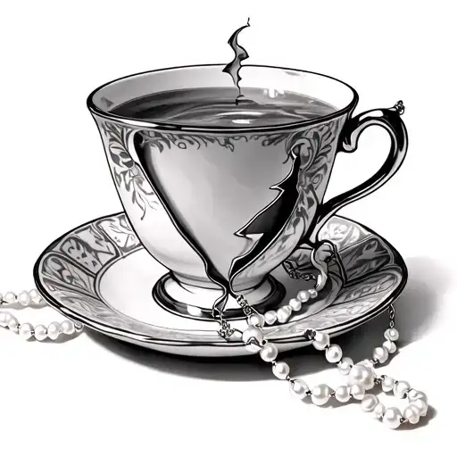 Broken Tea Cup With Pearl Rosary Beads