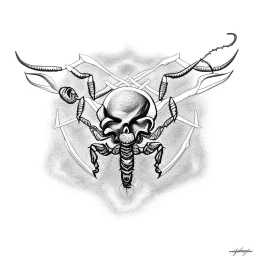A Detailed Black And Grey Tattoo Of A Scorpion Crawling Out Of A Dark And Mysterious Skull