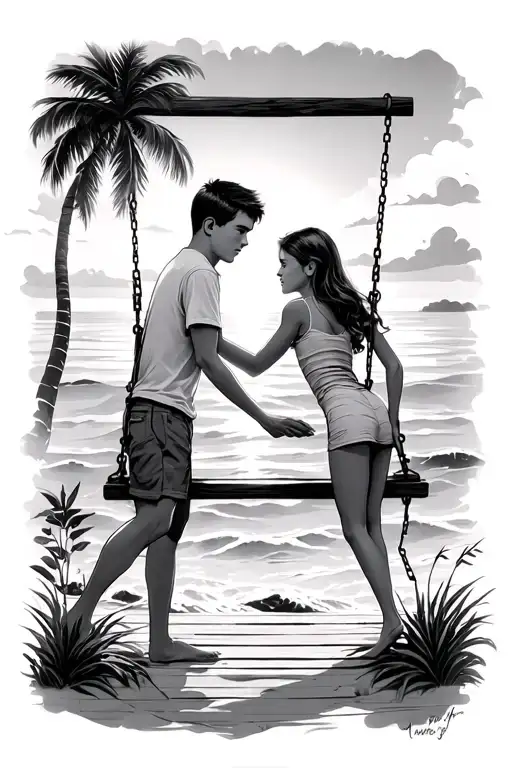 Teen Boy Pushing Teen Girl On A Porch Swing By The Beach During A Sunset