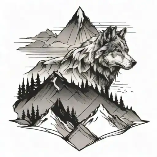 An Abstract Mountain Range With A Lone Wolf Standing On The Peak