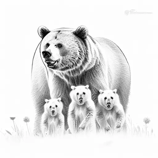 A Mother Russian Bear And Her Cubs Playing In A Field Of Wildflowers