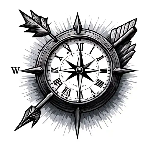 Clock With Compass And Arrow With Sign