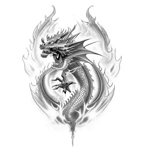 A Dragon In A Fierce Pose With Flames Engulfing It