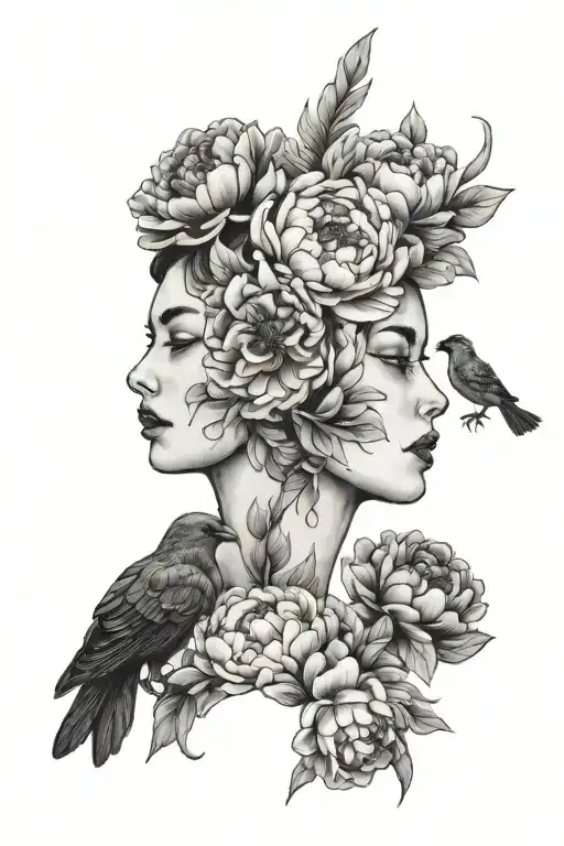 Peonies And Bird And Woman Face