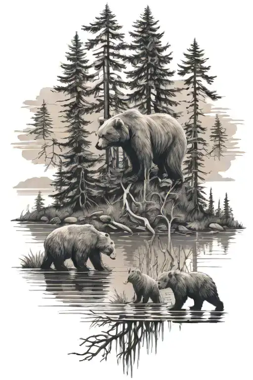 Trees Over A Lake With An Adult Bear And Two Baby Bears