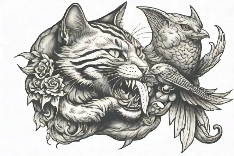 The Cat Holds A Bird In Its Teeth