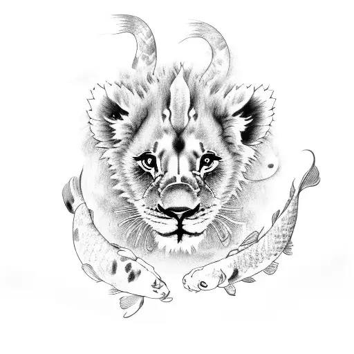 Lion Cub With Two Koi Fish And Aquarius Water Sign