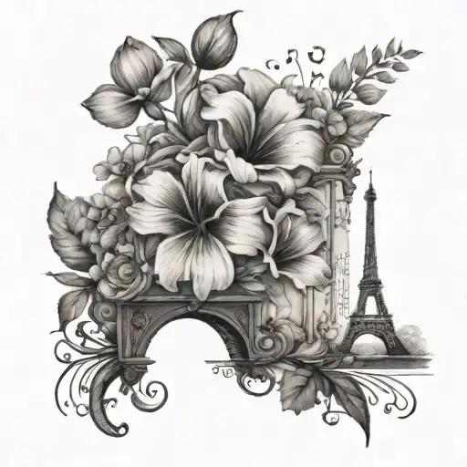 A Black And Grey Tattoo Of A Flower Garden In Paris With Music Sheets Blowing In The Wind