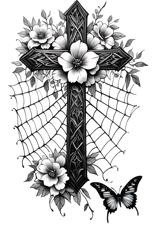Cross With Flowers Butterflies Spider Web Design