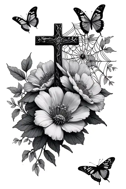 Cross On Top Of The Flowers With Butterflies Spider Web Design