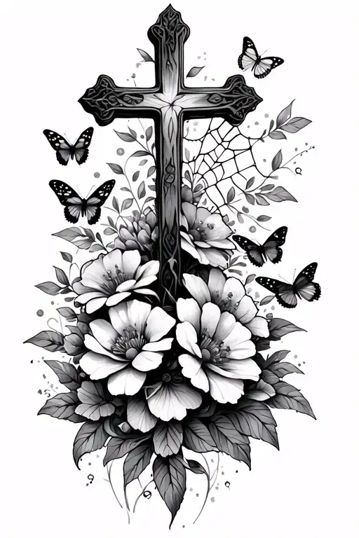 Big Cross On Top Of The Flowers With Butterflies Spider Web Design Leg Sleeve