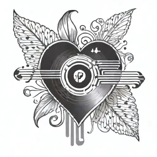 A Minimalist Tattoo Of A Heart-shaped Vinyl Record With 'Family' Written In Music Notes