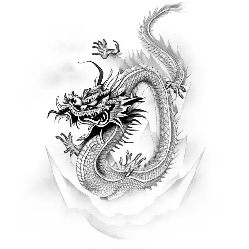Chinese Dragon Going Vertically Down With Horns
