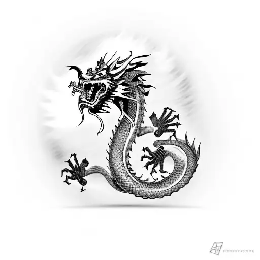 Chinese Dragon Going Vertically Down With Horns