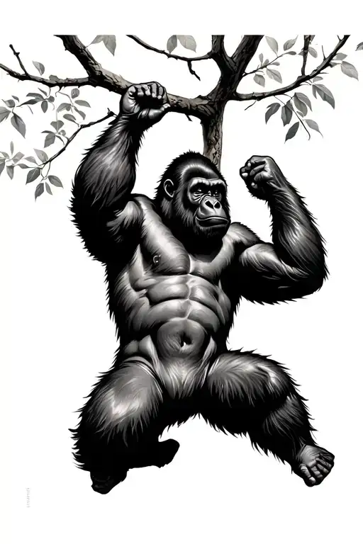 Silverback Gorilla Swinging From A Tree Branch