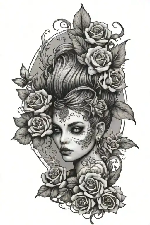 Sexy Pixie Standing On Skull Surrounded By Flowers