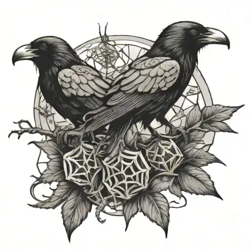 Mutiple Spiders Crawing Into A Raven Perched