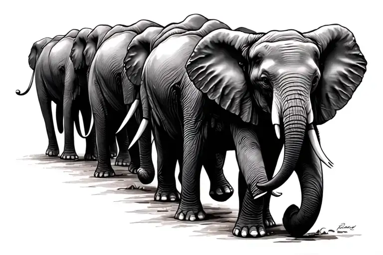 Elephants Walking In A Line Holding Trunks