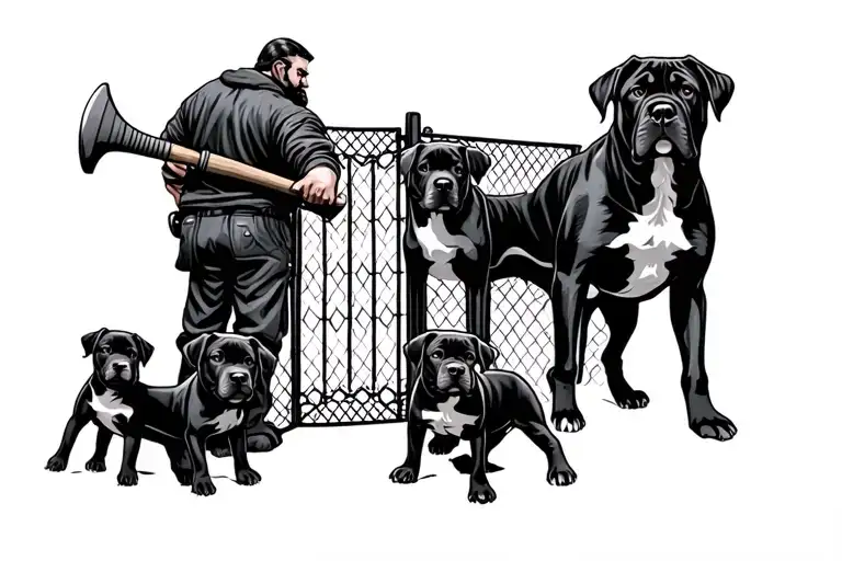 4 Puppies And 3 Big Dogs Around A Man Holding A Metal Bat Looking At A Long Gate