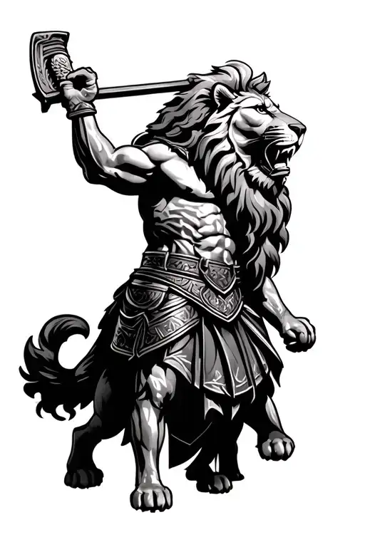 Half Lion Head With Gladiator Standing Triumphantly