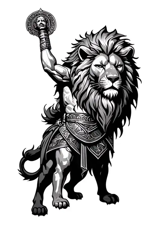 Half Lion Head With Gladiator Standing Triumphantly