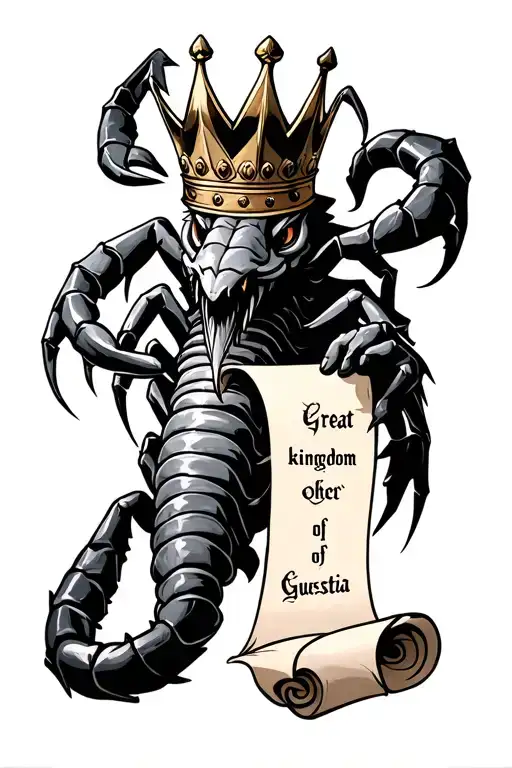 Scorpion With A Crown Holding A Scroll Saying Great Kingdom Of Guestia