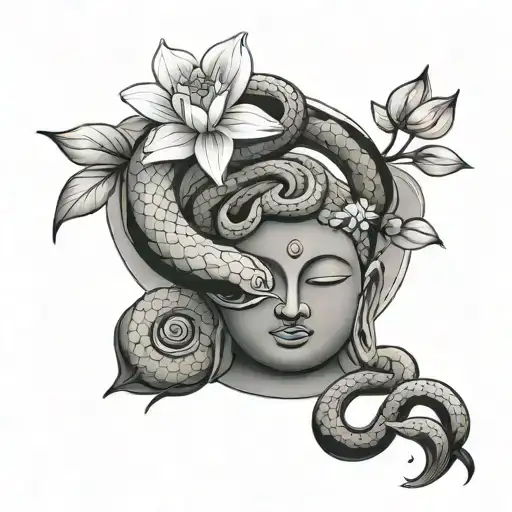 Snake With Buddha & Flowers