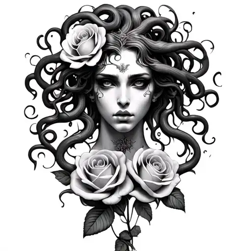 Medusa Gargon With Roses On A Brush In The Style Of Realism And Graphics