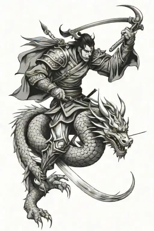 Samurai Warrior And Dragon Intertwined