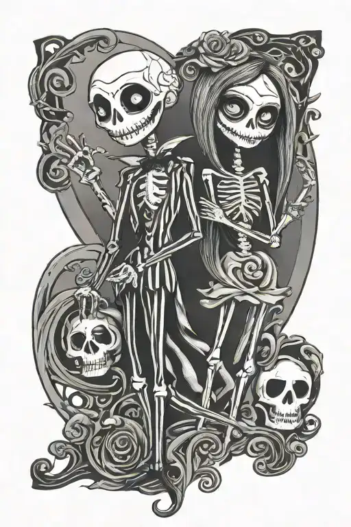 Jack And Sally With Two Girl Skeleton Kids