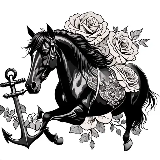 Horse In Galop Rosses And Anchor Tattoo Design