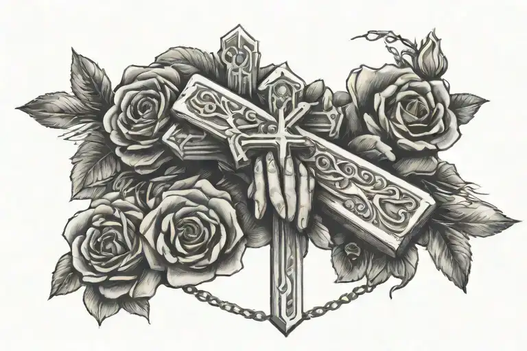 Praying Hands Holding Cross Necklace With Roses Growing