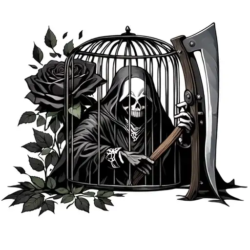 Grim Reaper In A Cage With A Rose As The Door Lock And Scythe Leaning Against Cage