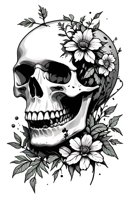 Anatomical Skull Bashed In On Left Side With Plants And Flowers Growing Out Of The Injury