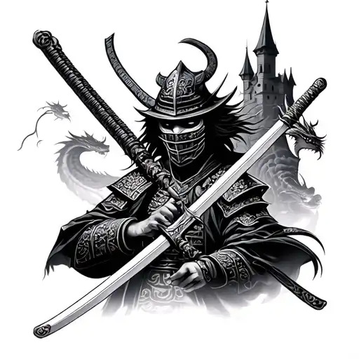 Samurai With Katana In Black And White Mask With A Castle And A Dragon Behind
