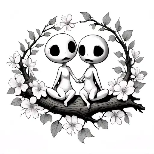2 Kodama Sitting On Tree Branch In Cercle Of Flowers