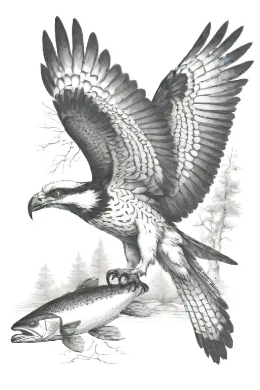 An Osprey Flying And Holding A Small Trout Near The River In The Forest