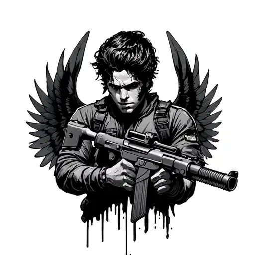 Votn With A Machine Gun In His Hands With Wings From Behind With Thin Lines