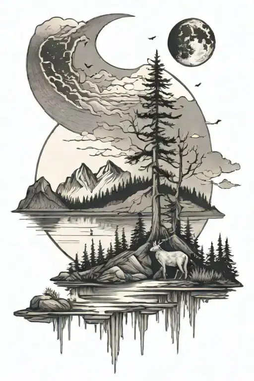 Mountains Lake Reflection With Moon And Woodland Critters