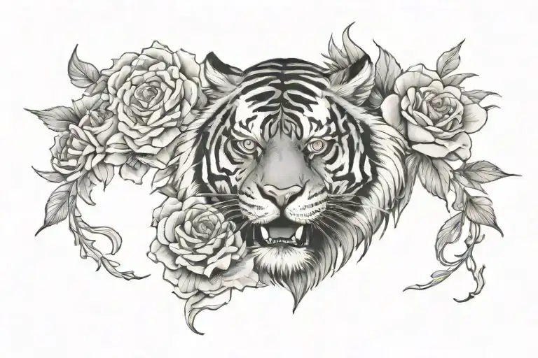 Fierce Tiger And Roses Surrounding