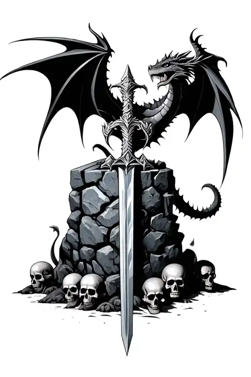 A Dragon Pulling Excalibur Out Of A Stone With 6 Skulls At The Base Of The Stone