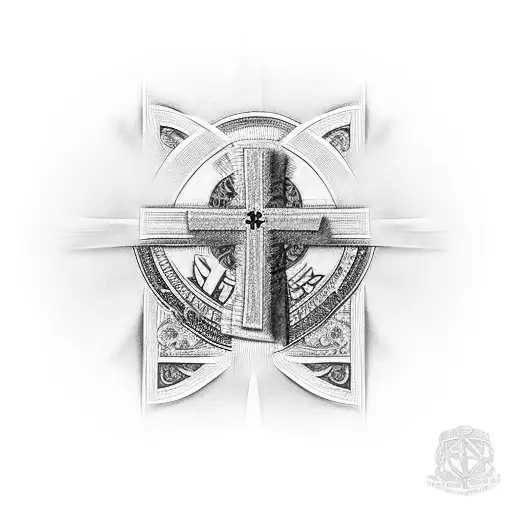 Design A Tattoo Showcasing A Stack Of Money With A Cross Symbolizing Blessings