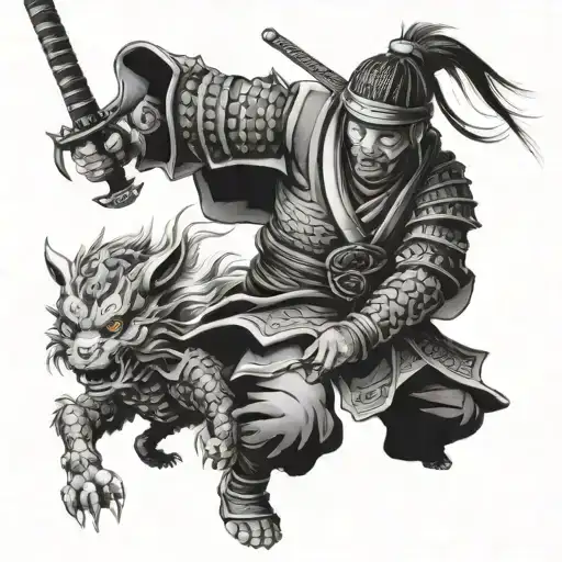 Samurai Warrior Battling Mythical Creatures