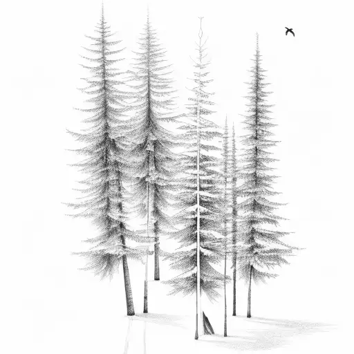 Two Tall Pine Trees With A Small Palm Tree In The Middle