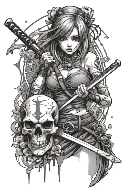 Realistic Anime Beautiful Warrior Girl Piercing A Bloody Skull With A Katana Hourglass C