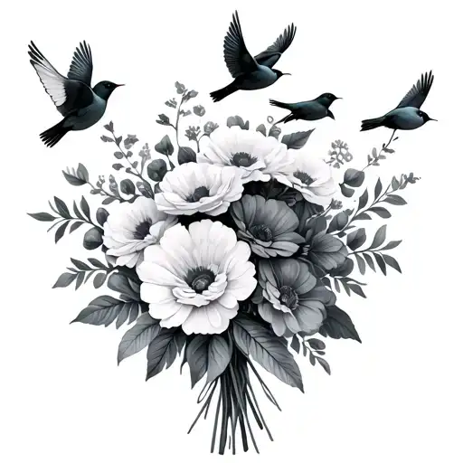 Birth Flower Bouquet With 6 Small Birds Flying