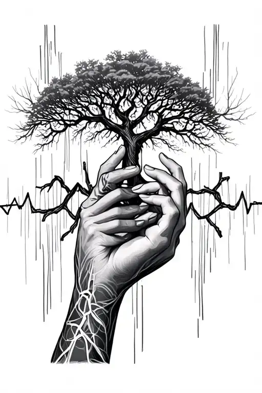 Hands Holding But The Wrist Up Wraps Around And Branches Into A Tree With Ekg Line Branches