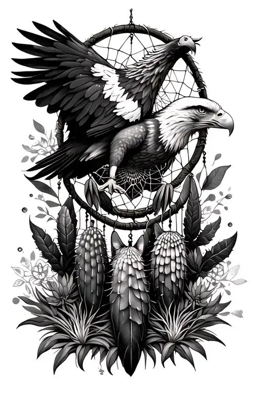 Thigh Dream Catcher With American Eagle And Catus Plant