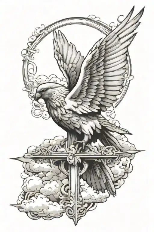 Cross With Dove And Raven In Clouds
